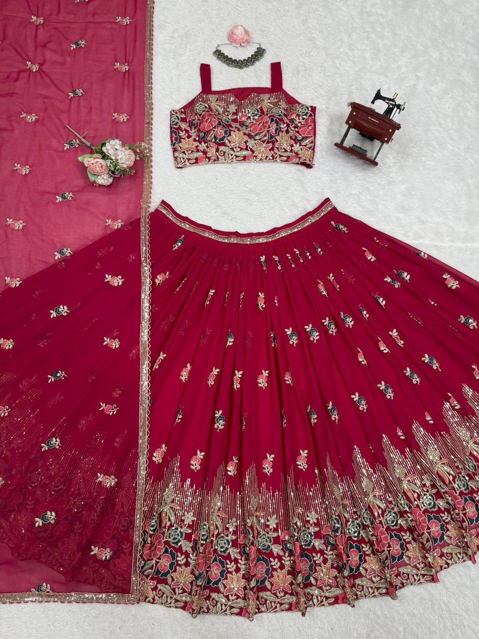 Rani Pink Chinon Silk Lehenga Choli with Thread and Sequin Work Traditional Indian Wedding Wear