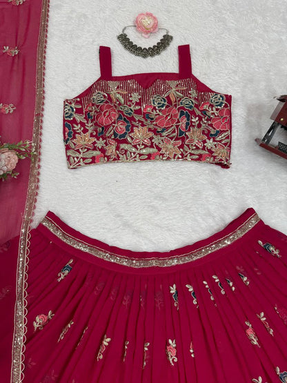 Rani Pink Chinon Silk Lehenga Choli with Thread and Sequin Work Traditional Indian Wedding Wear