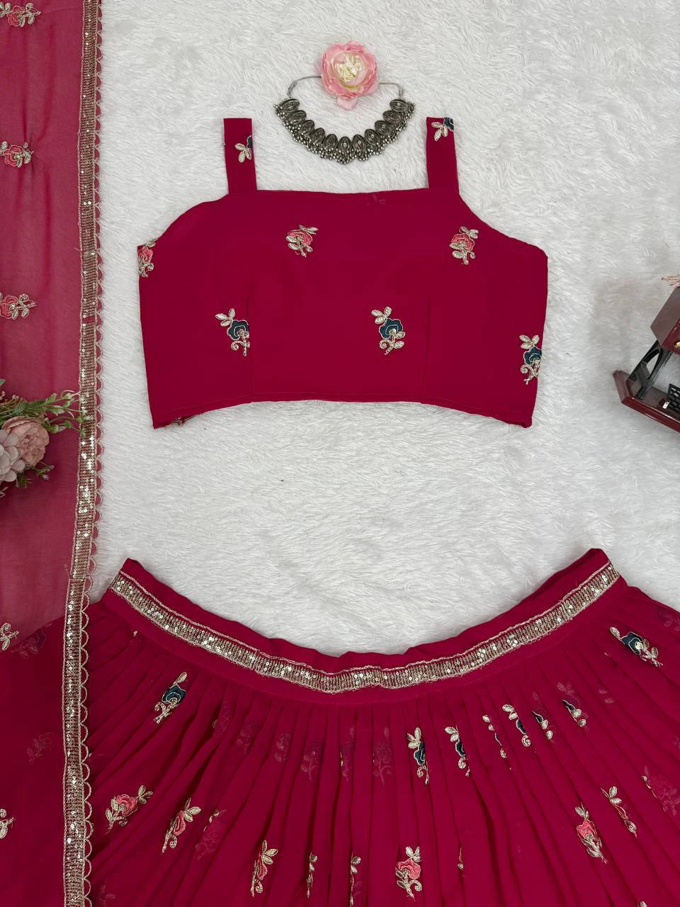 Rani Pink Chinon Silk Lehenga Choli with Thread and Sequin Work Traditional Indian Wedding Wear