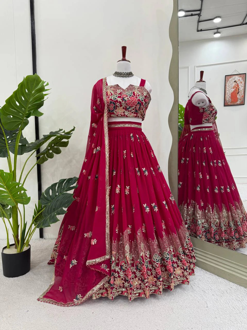 Rani Pink Chinon Silk Lehenga Choli with Thread and Sequin Work Traditional Indian Wedding Wear