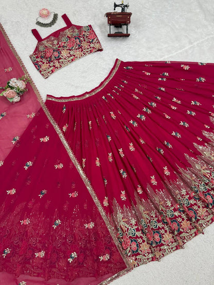 Rani Pink Chinon Silk Lehenga Choli with Thread and Sequin Work Traditional Indian Wedding Wear