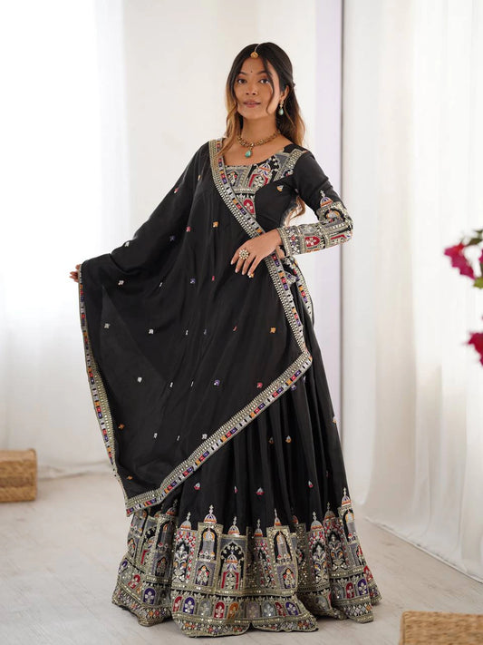 Premium Black Natural Crepe Silk Semi Stitched Lehenga Choli Set with Embroidered Dupatta for Navratri