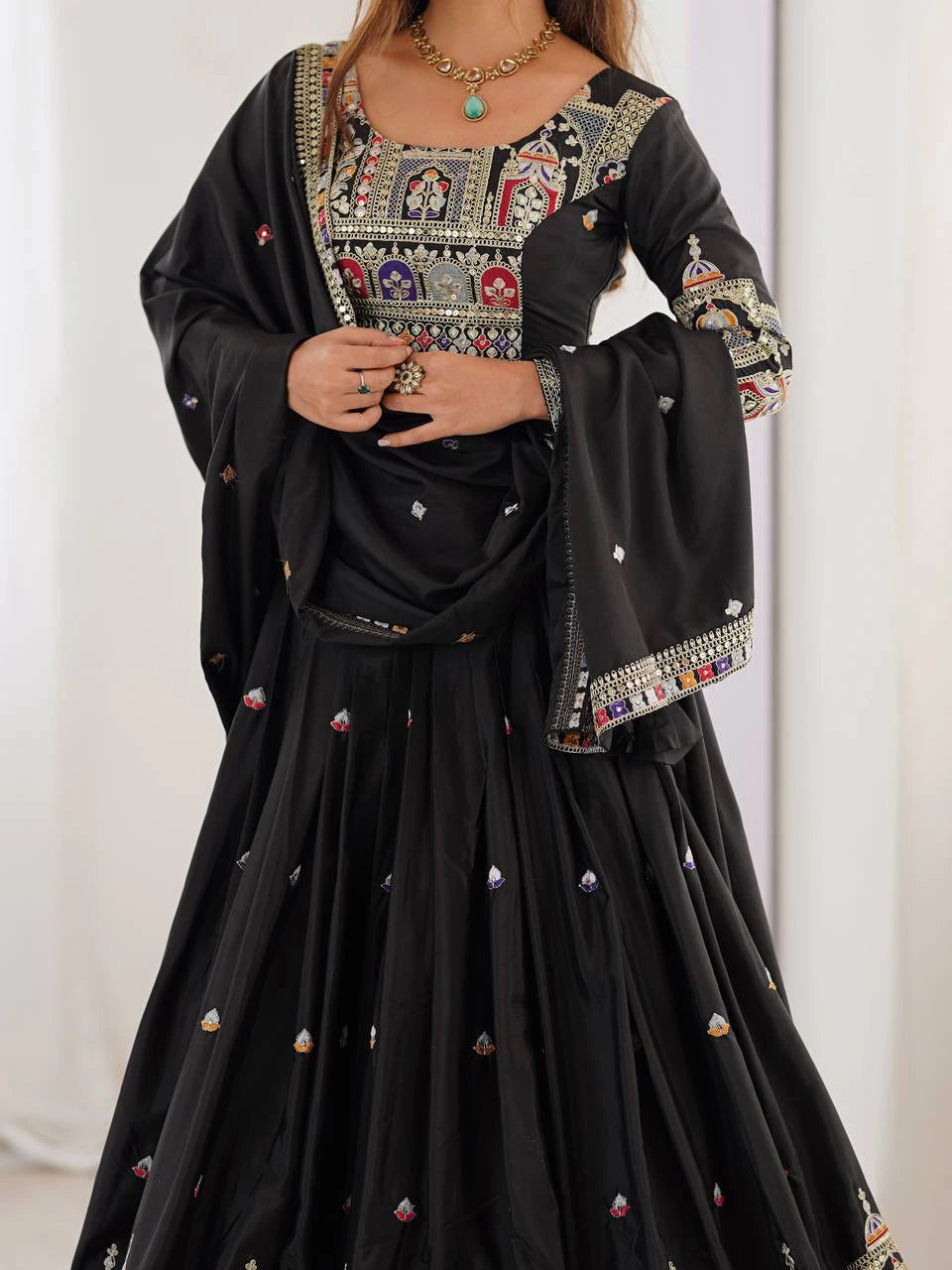 Premium Black Natural Crepe Silk Semi Stitched Lehenga Choli Set with Embroidered Dupatta for Navratri