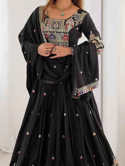 Premium Black Natural Crepe Silk Semi Stitched Lehenga Choli Set with Embroidered Dupatta for Navratri