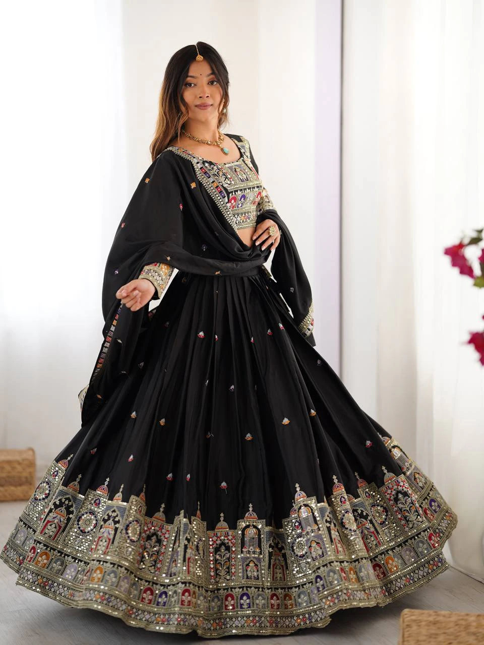 Premium Black Natural Crepe Silk Semi Stitched Lehenga Choli Set with Embroidered Dupatta for Navratri
