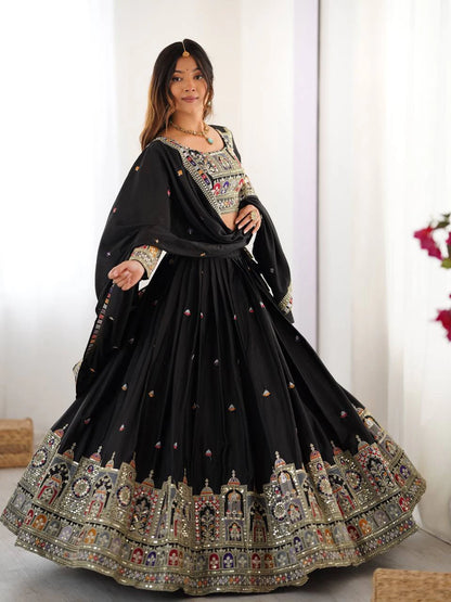 Premium Black Natural Crepe Silk Semi Stitched Lehenga Choli Set with Embroidered Dupatta for Navratri