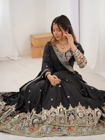 Premium Black Natural Crepe Silk Semi Stitched Lehenga Choli Set with Embroidered Dupatta for Navratri
