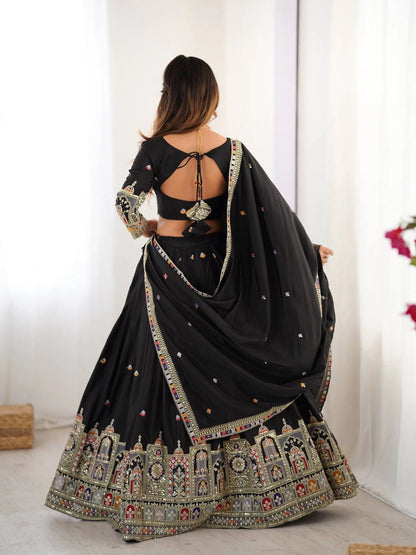 Premium Black Natural Crepe Silk Semi Stitched Lehenga Choli Set with Embroidered Dupatta for Navratri