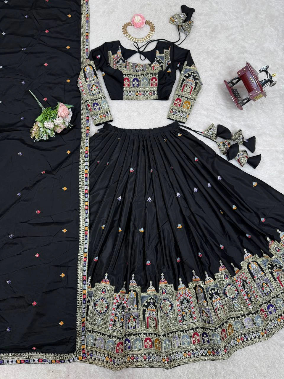 Premium Black Natural Crepe Silk Semi Stitched Lehenga Choli Set with Embroidered Dupatta for Navratri