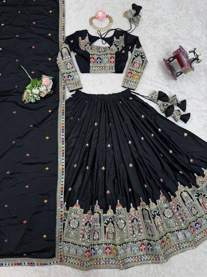 Premium Black Natural Crepe Silk Semi Stitched Lehenga Choli Set with Embroidered Dupatta for Navratri