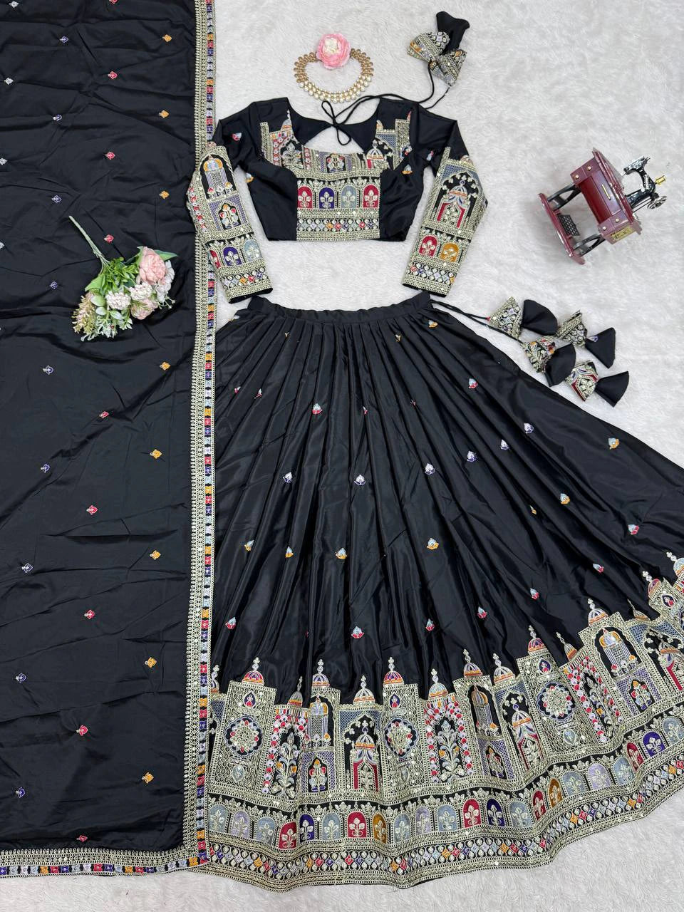 Premium Black Natural Crepe Silk Semi Stitched Lehenga Choli Set with Embroidered Dupatta for Navratri