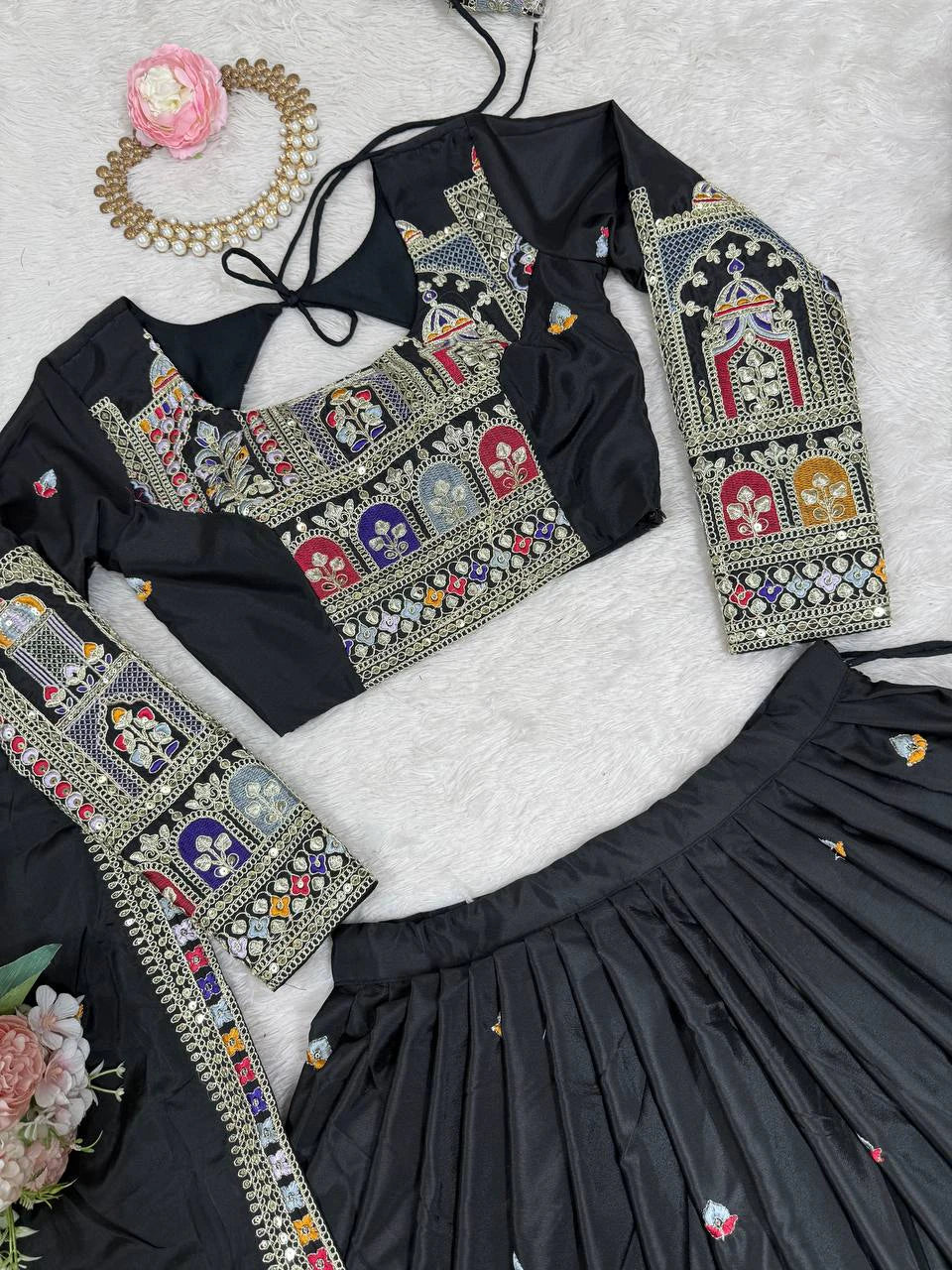 Premium Black Natural Crepe Silk Semi Stitched Lehenga Choli Set with Embroidered Dupatta for Navratri