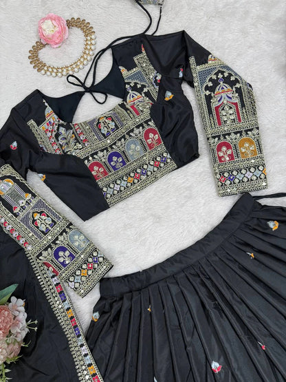 Premium Black Natural Crepe Silk Semi Stitched Lehenga Choli Set with Embroidered Dupatta for Navratri