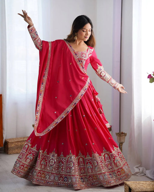 Premium Red Natural Crepe Silk Semi Stitched Lehenga Choli Set with Embroidered Dupatta for Navratri