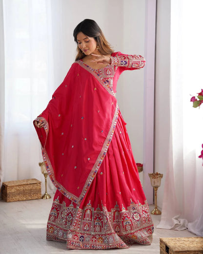 Premium Red Natural Crepe Silk Semi Stitched Lehenga Choli Set with Embroidered Dupatta for Navratri