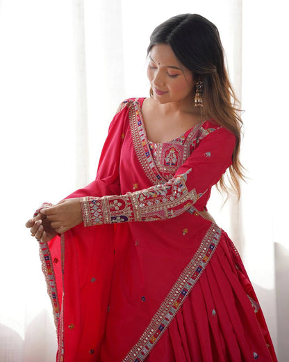 Premium Red Natural Crepe Silk Semi Stitched Lehenga Choli Set with Embroidered Dupatta for Navratri