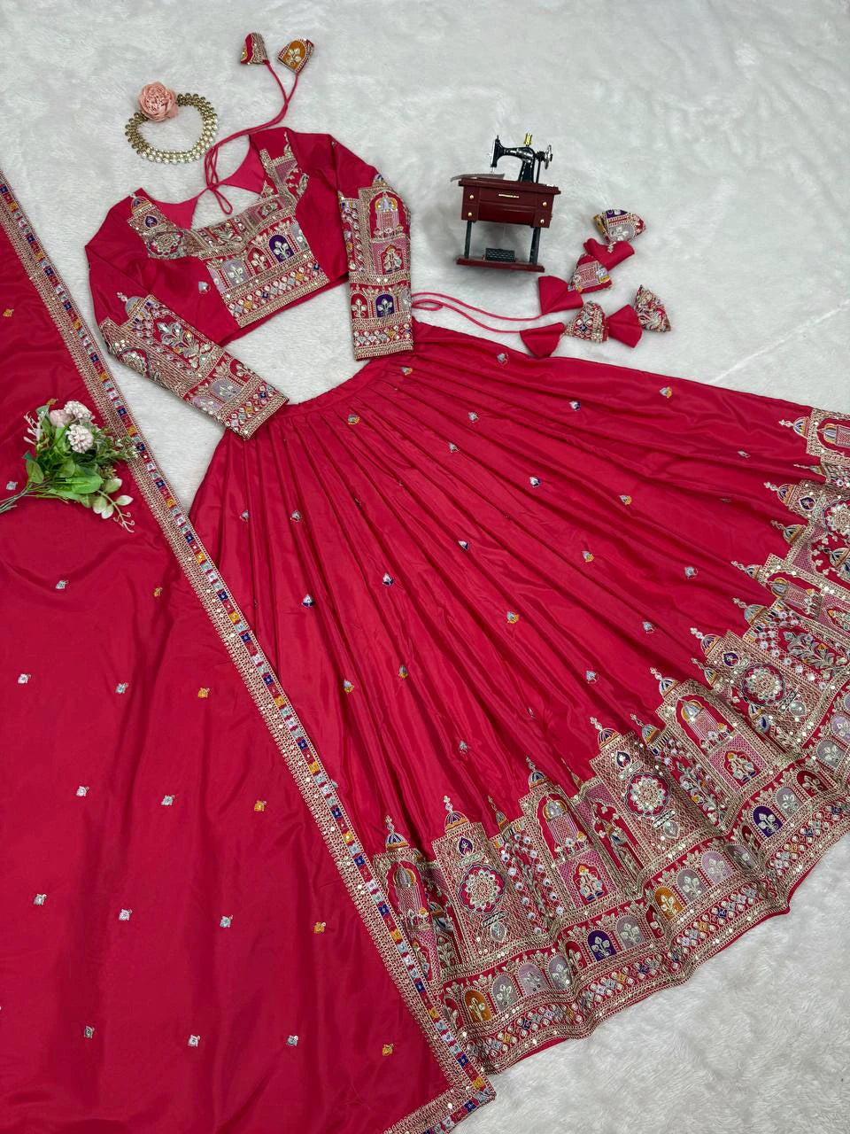 Premium Red Natural Crepe Silk Semi Stitched Lehenga Choli Set with Embroidered Dupatta for Navratri