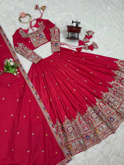 Premium Red Natural Crepe Silk Semi Stitched Lehenga Choli Set with Embroidered Dupatta for Navratri