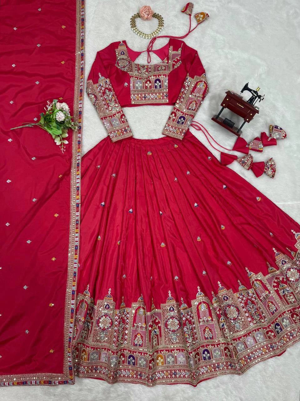 Premium Red Natural Crepe Silk Semi Stitched Lehenga Choli Set with Embroidered Dupatta for Navratri