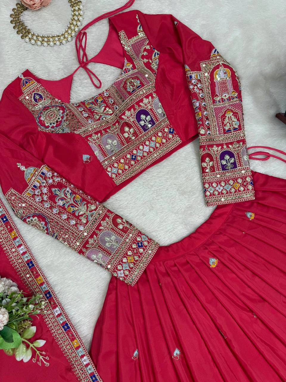 Premium Red Natural Crepe Silk Semi Stitched Lehenga Choli Set with Embroidered Dupatta for Navratri