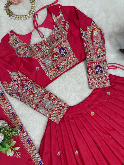 Premium Red Natural Crepe Silk Semi Stitched Lehenga Choli Set with Embroidered Dupatta for Navratri
