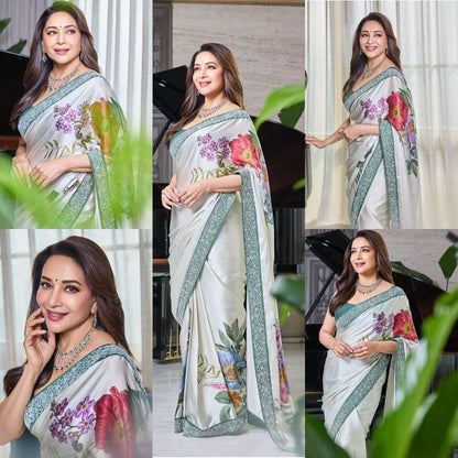 Madhuri Dixit Party Wear Satin Silk Digital Sarees