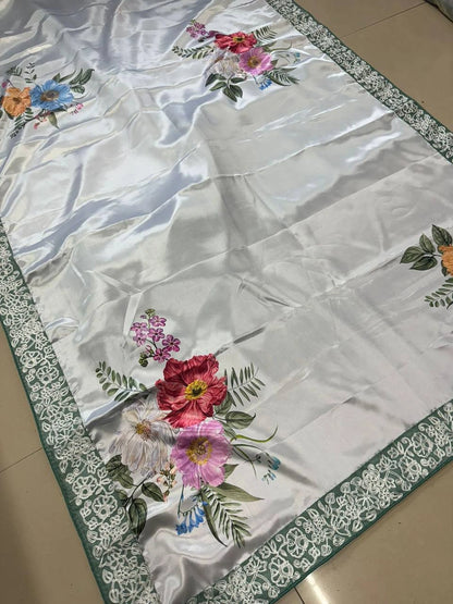Madhuri Dixit Party Wear Satin Silk Digital Sarees