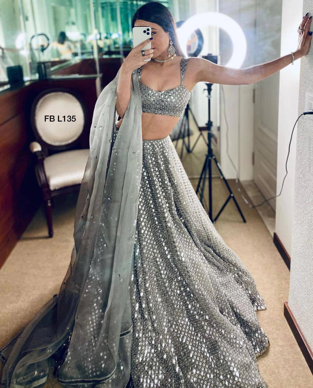 Silver Kasturi Crepe Silk Designer Lehenga Choli with Sequin Work Traditional Indian Wedding Wear Bridal Ethnic Party Wear