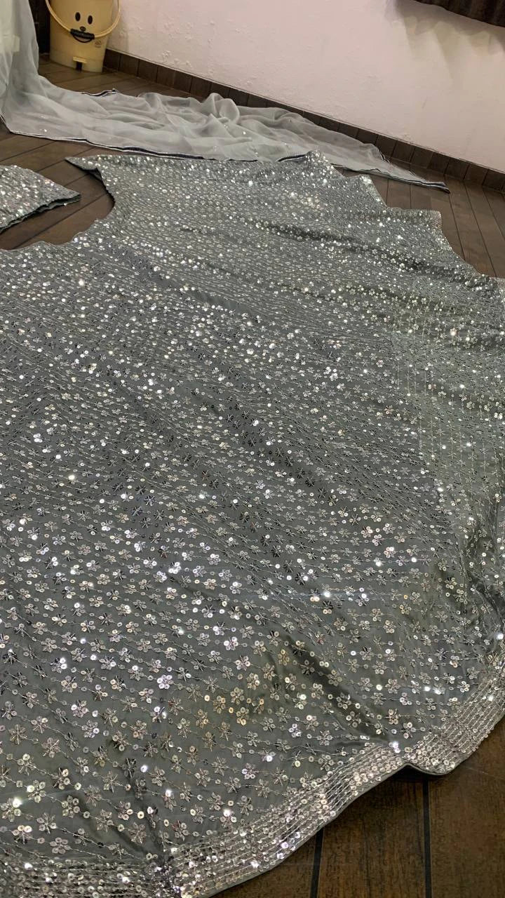 Silver Kasturi Crepe Silk Designer Lehenga Choli with Sequin Work Traditional Indian Wedding Wear Bridal Ethnic Party Wear