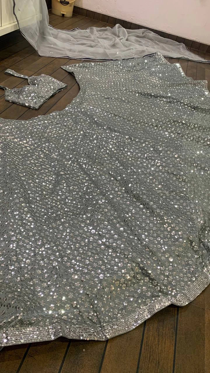 Silver Kasturi Crepe Silk Designer Lehenga Choli with Sequin Work Traditional Indian Wedding Wear Bridal Ethnic Party Wear