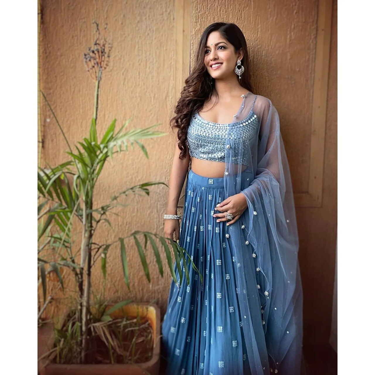 Blue Faux Georgette Lehenga Choli with Embroidered Dupatta