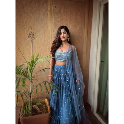 Blue Faux Georgette Lehenga Choli with Embroidered Dupatta