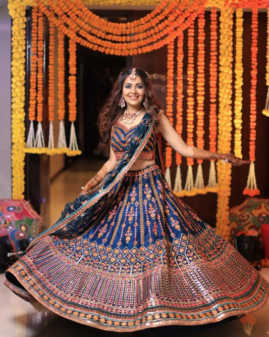 Blue Chinon Lehenga Choli with Multi-Color Thread and Zari Embroidery Work