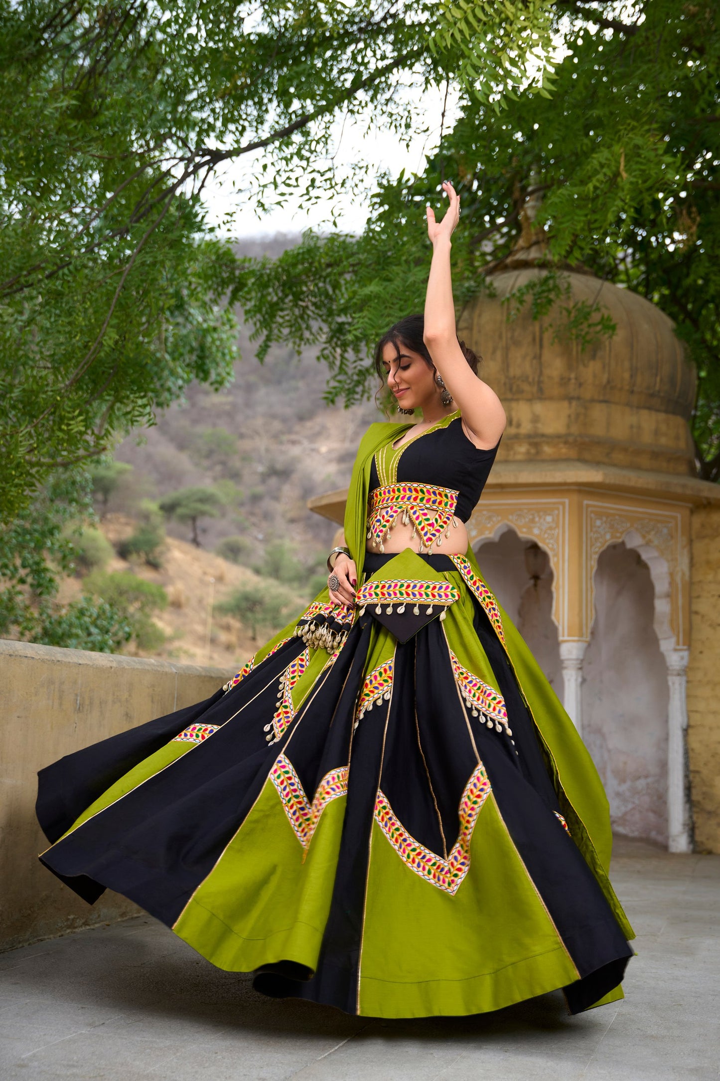 Green & Black Cotton Navratri Lehenga Choli