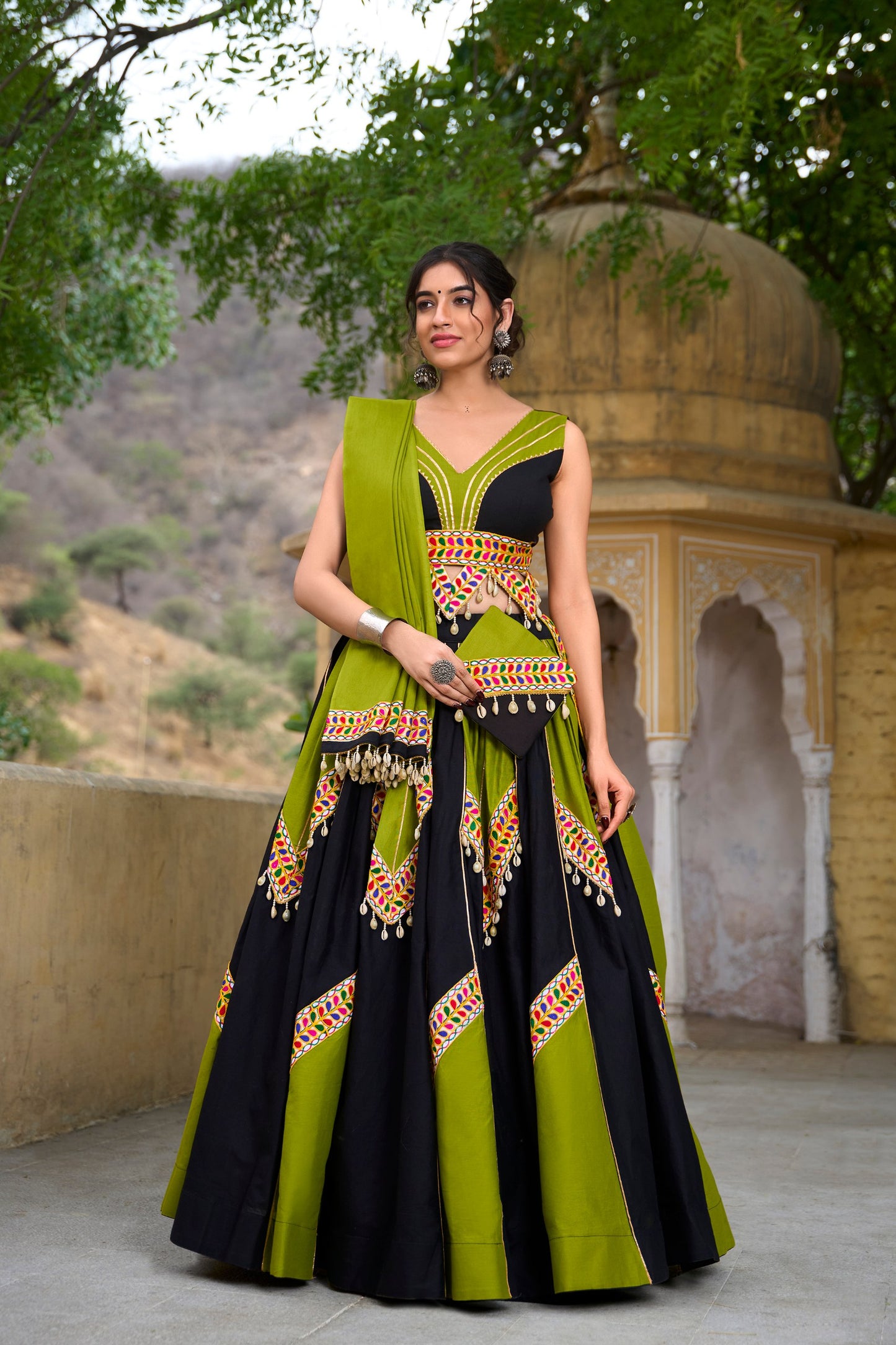 Green & Black Cotton Navratri Lehenga Choli