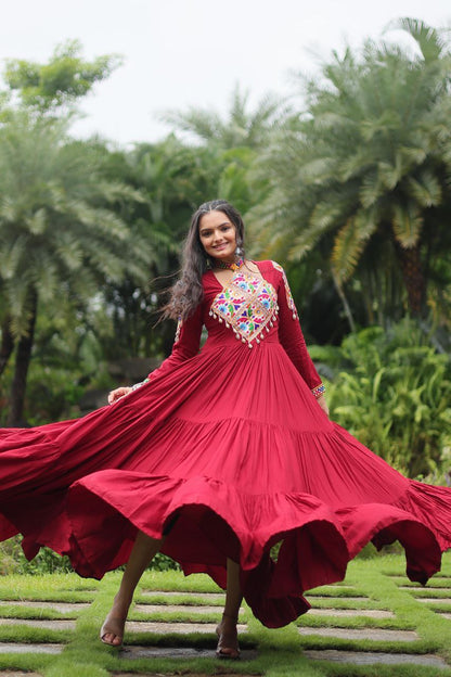 Kutchi Gamathi Work Cotton Maroon Flared Navratri Special Gown