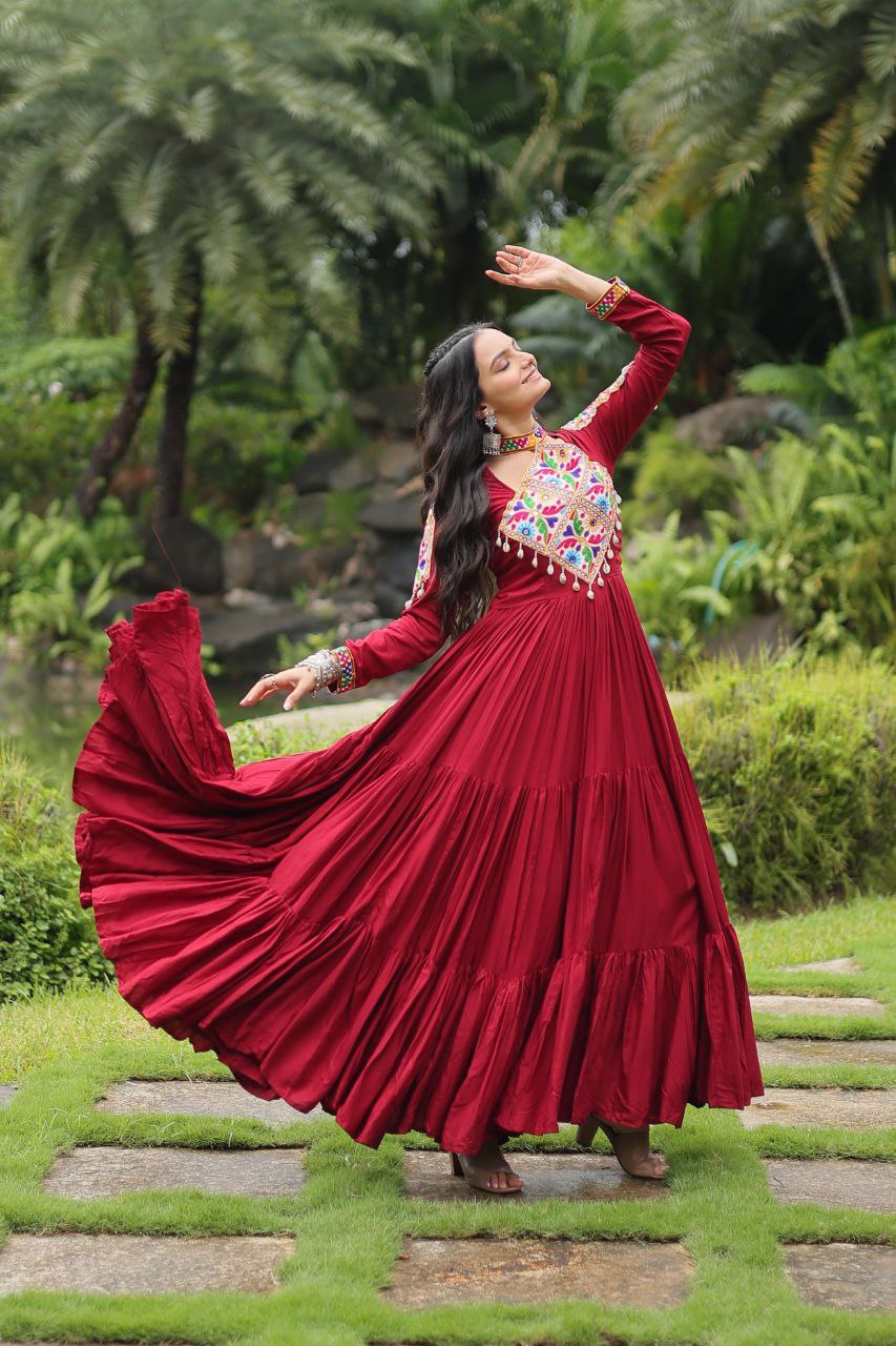 Kutchi Gamathi Work Cotton Maroon Flared Navratri Special Gown