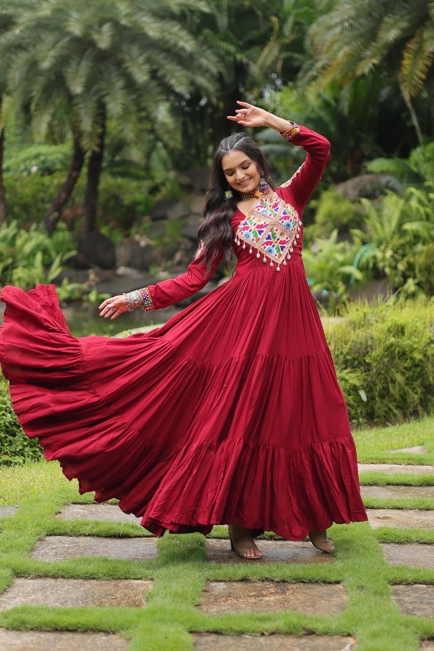 Kutchi Gamathi Work Cotton Maroon Flared Navratri Special Gown