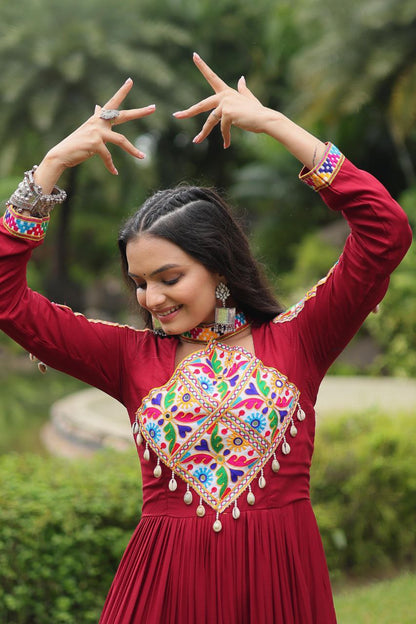 Kutchi Gamathi Work Cotton Maroon Flared Navratri Special Gown