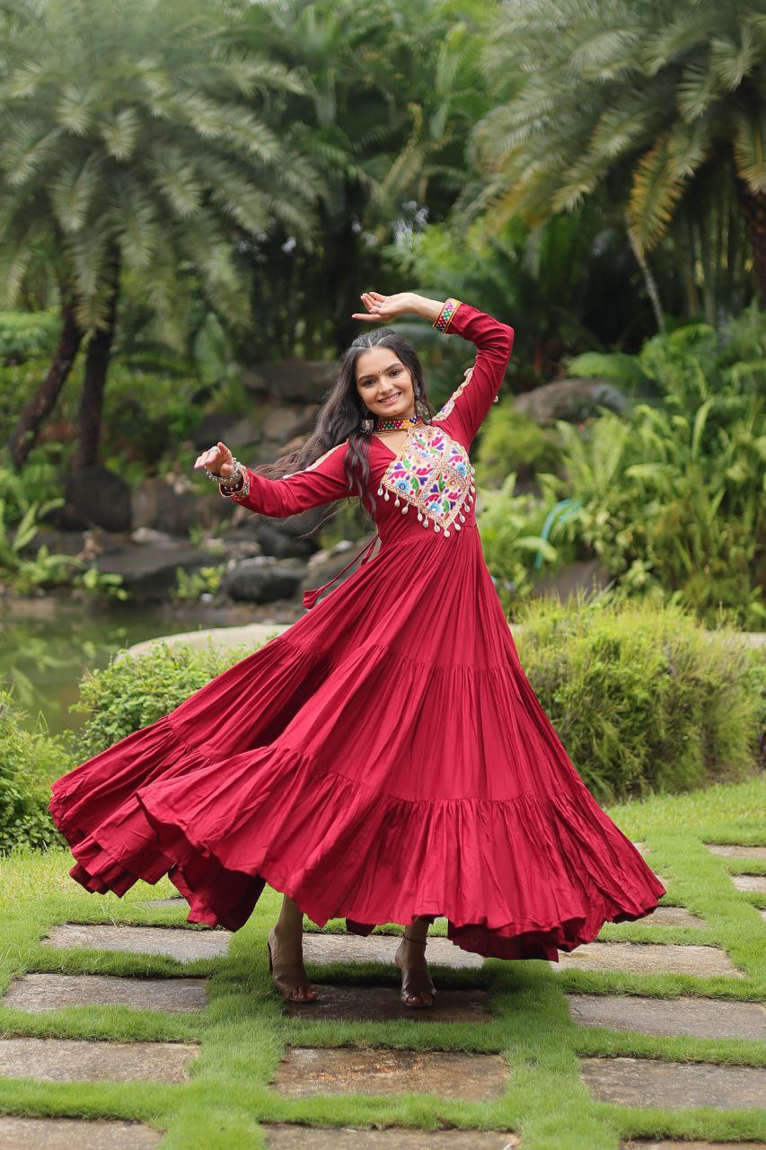 Kutchi Gamathi Work Cotton Maroon Flared Navratri Special Gown