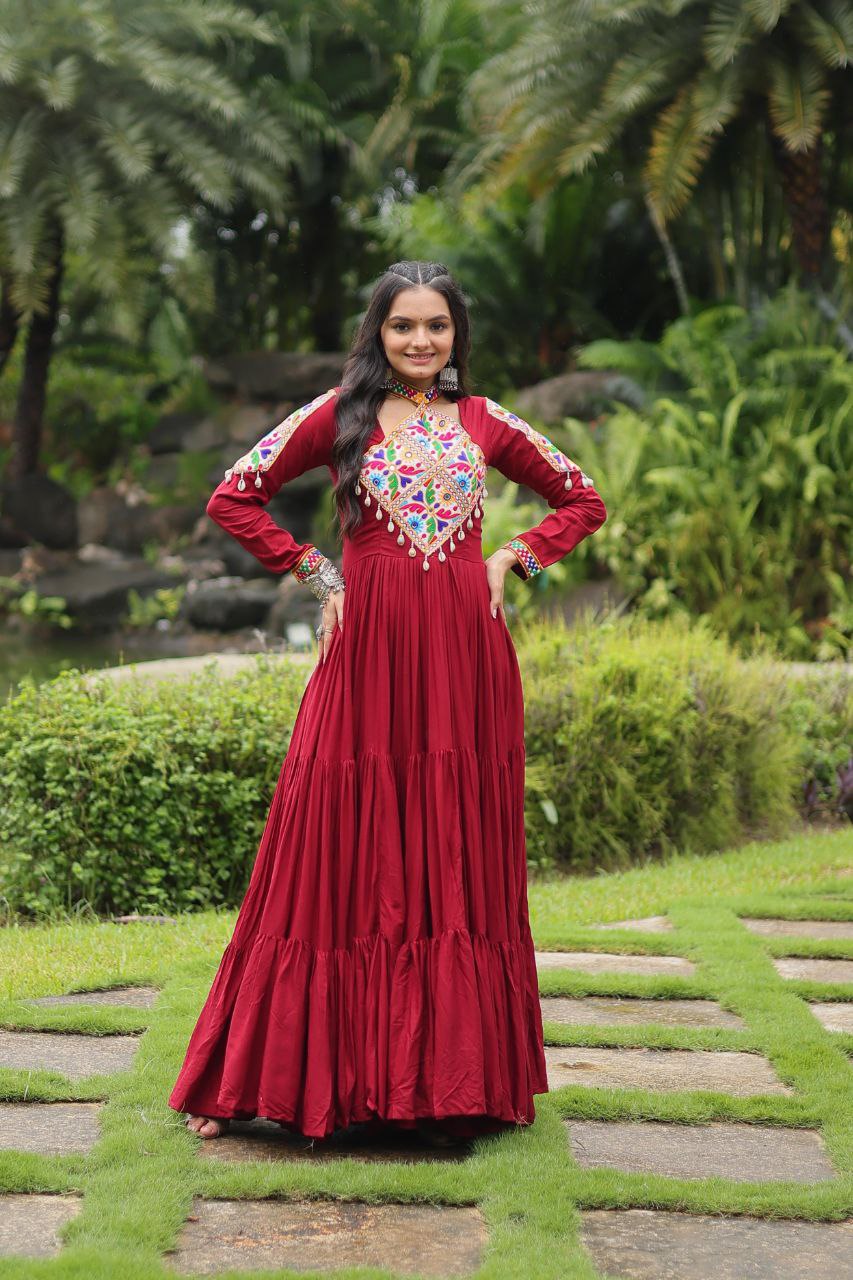 Kutchi Gamathi Work Cotton Maroon Flared Navratri Special Gown