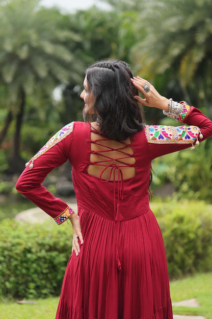Kutchi Gamathi Work Cotton Maroon Flared Navratri Special Gown