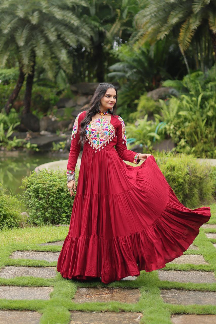 Kutchi Gamathi Work Cotton Maroon Flared Navratri Special Gown