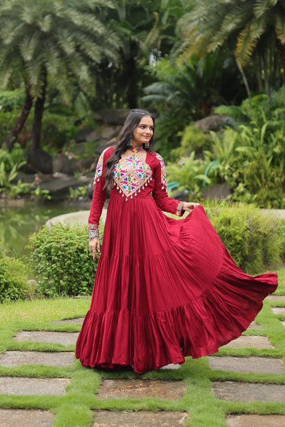 Kutchi Gamathi Work Cotton Maroon Flared Navratri Special Gown