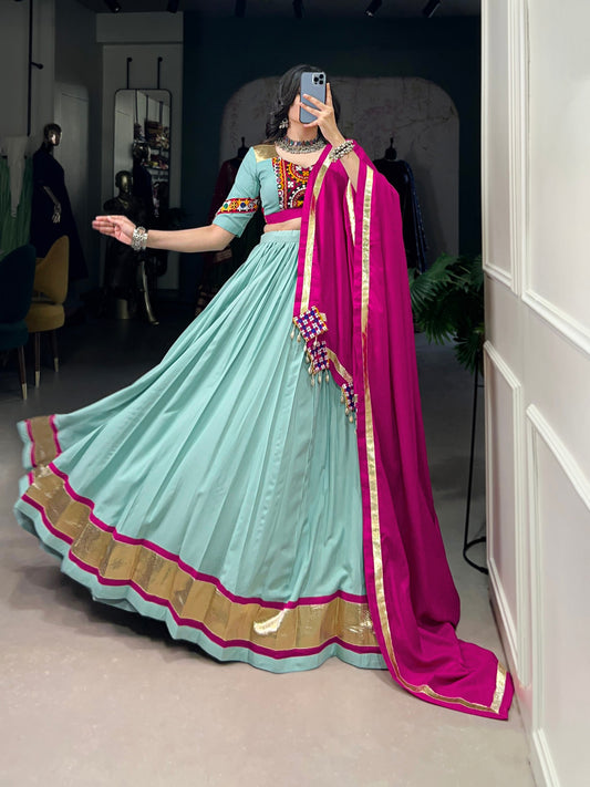 Sea Green Navaratri Chaniya Choli in Rayon With Gamathi and Embossed Lace