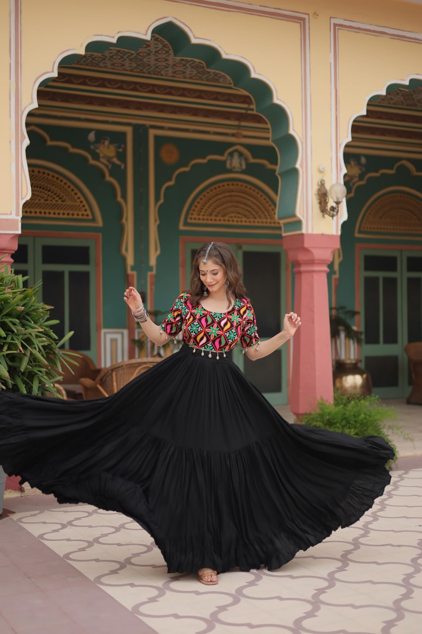 Kutchi Gamathi Work Cotton Black Flared Navratri Special Gown