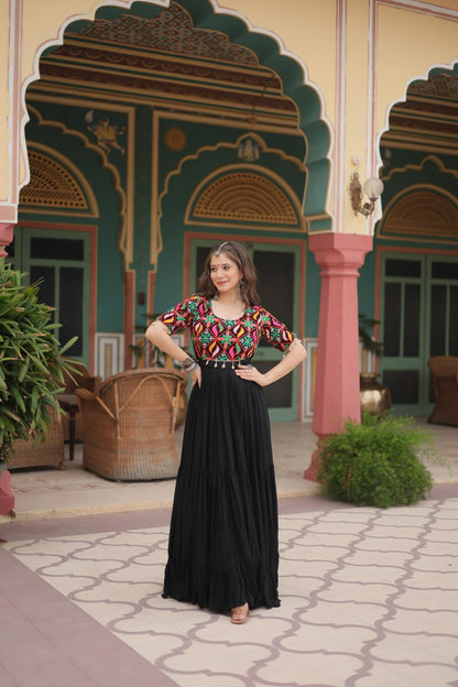 Kutchi Gamathi Work Cotton Black Flared Navratri Special Gown