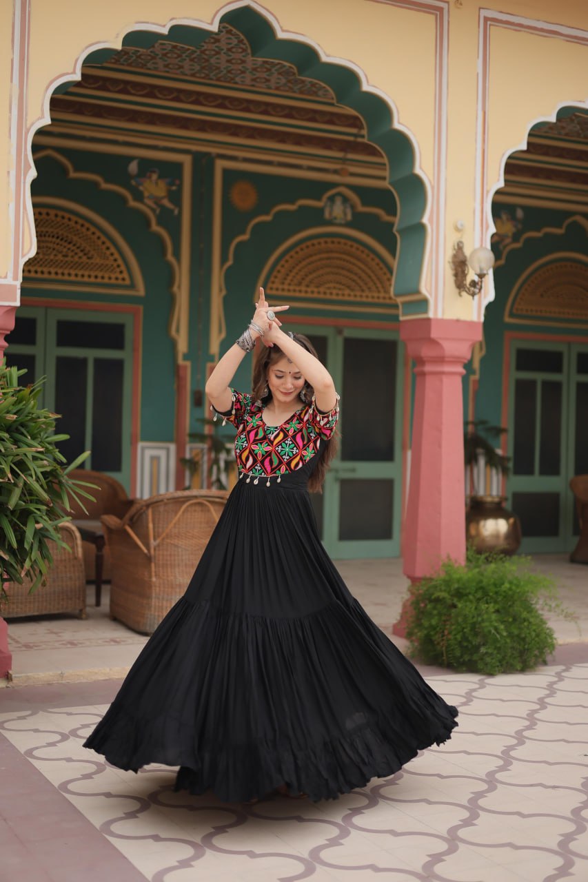 Kutchi Gamathi Work Cotton Black Flared Navratri Special Gown