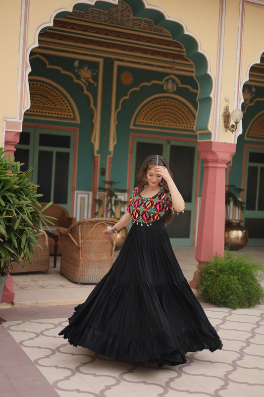 Kutchi Gamathi Work Cotton Black Flared Navratri Special Gown