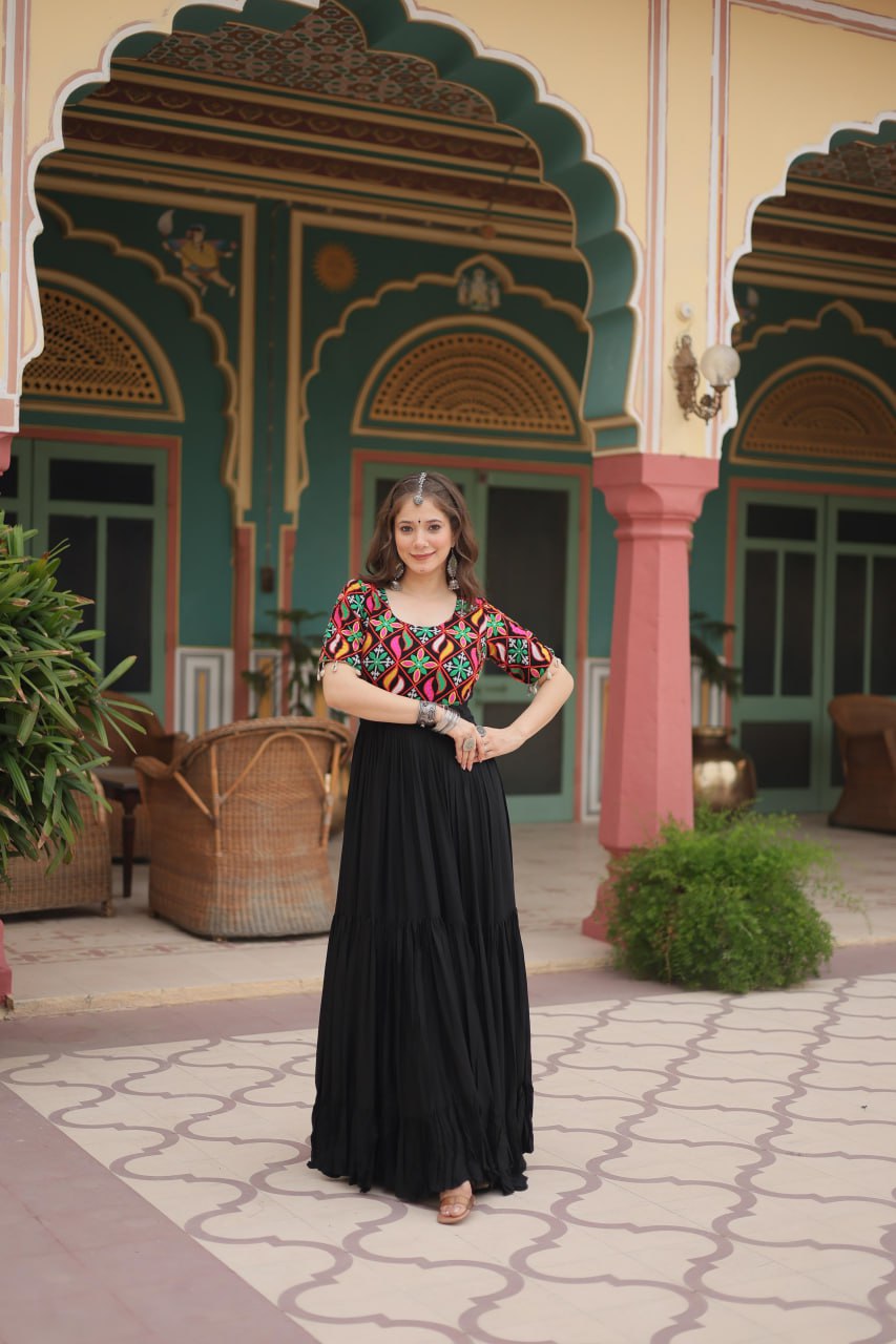 Kutchi Gamathi Work Cotton Black Flared Navratri Special Gown